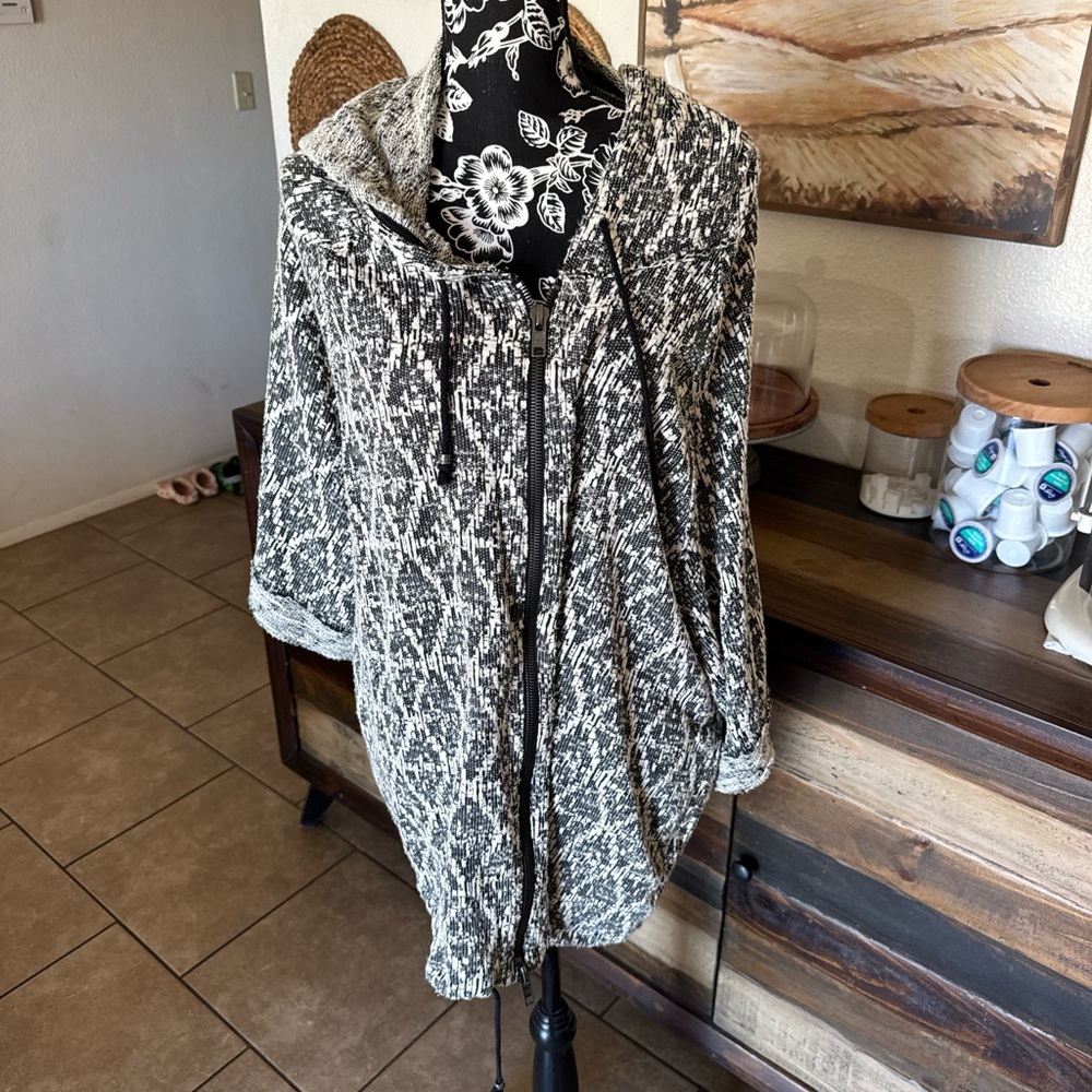 Free People Black & White Knit Zip Hoodie Coat